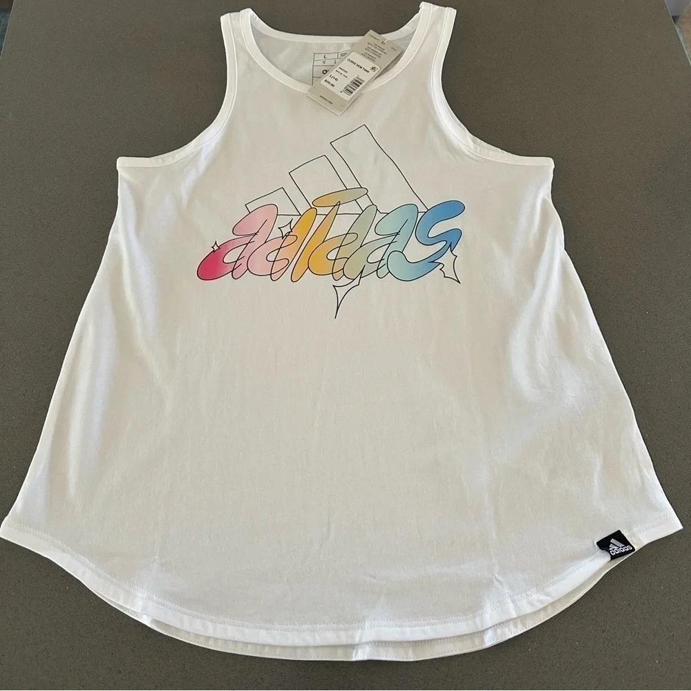 Adidas Big Girls Sleeveless Curved-Hem Cotton Logo Tank Top L